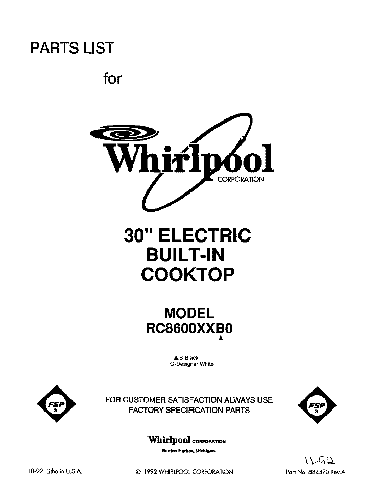 SECTION Diagram and Parts List for RC8600XXW0  Whirlpool Cooktop