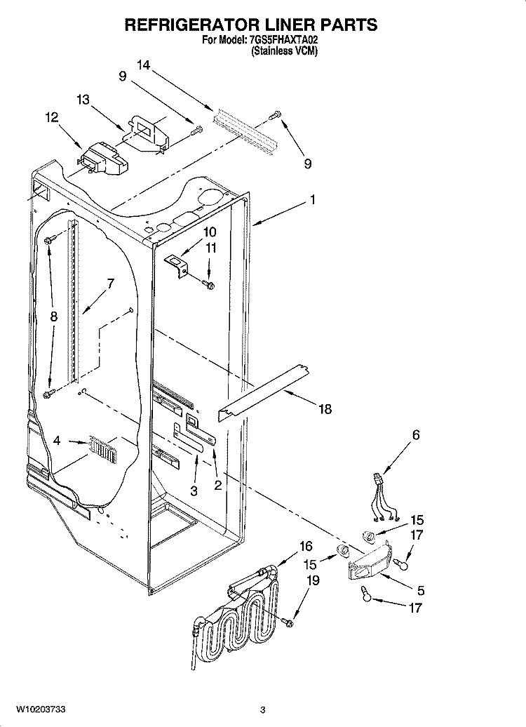 REFRIGERATOR LINER PARTS Diagram and Parts List for 7GS5FHAXTA02  Whirlpool Refrigerator