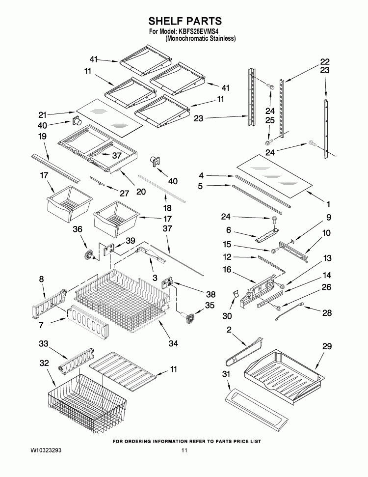 SHELF PARTS Diagram and Parts List for KBFS25EVMS4  KitchenAid Refrigerator