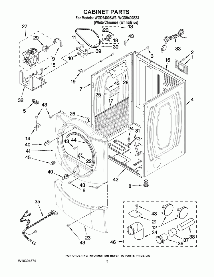 CABINET PARTS Diagram and Parts List for WGD9400SW3  Whirlpool Dryer