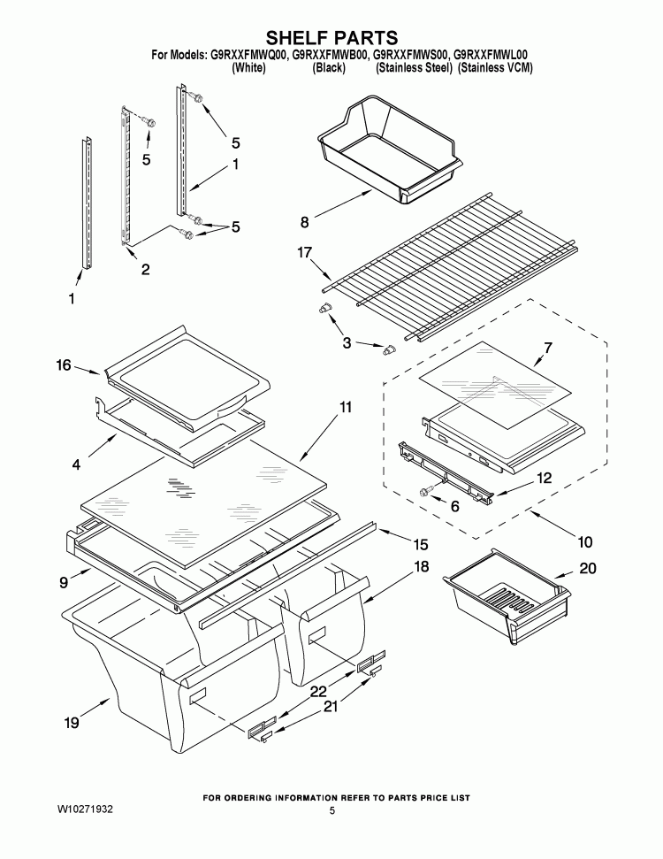 SHELF PARTS Diagram and Parts List for G9RXXFMWQ00  Whirlpool Refrigerator