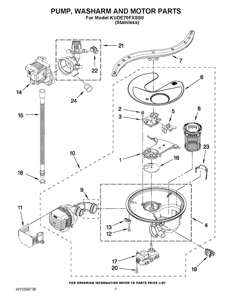 PUMP, WASHARM AND MOTOR PARTS Diagram and Parts List for KUDE70FXSS0  KitchenAid Dishwasher