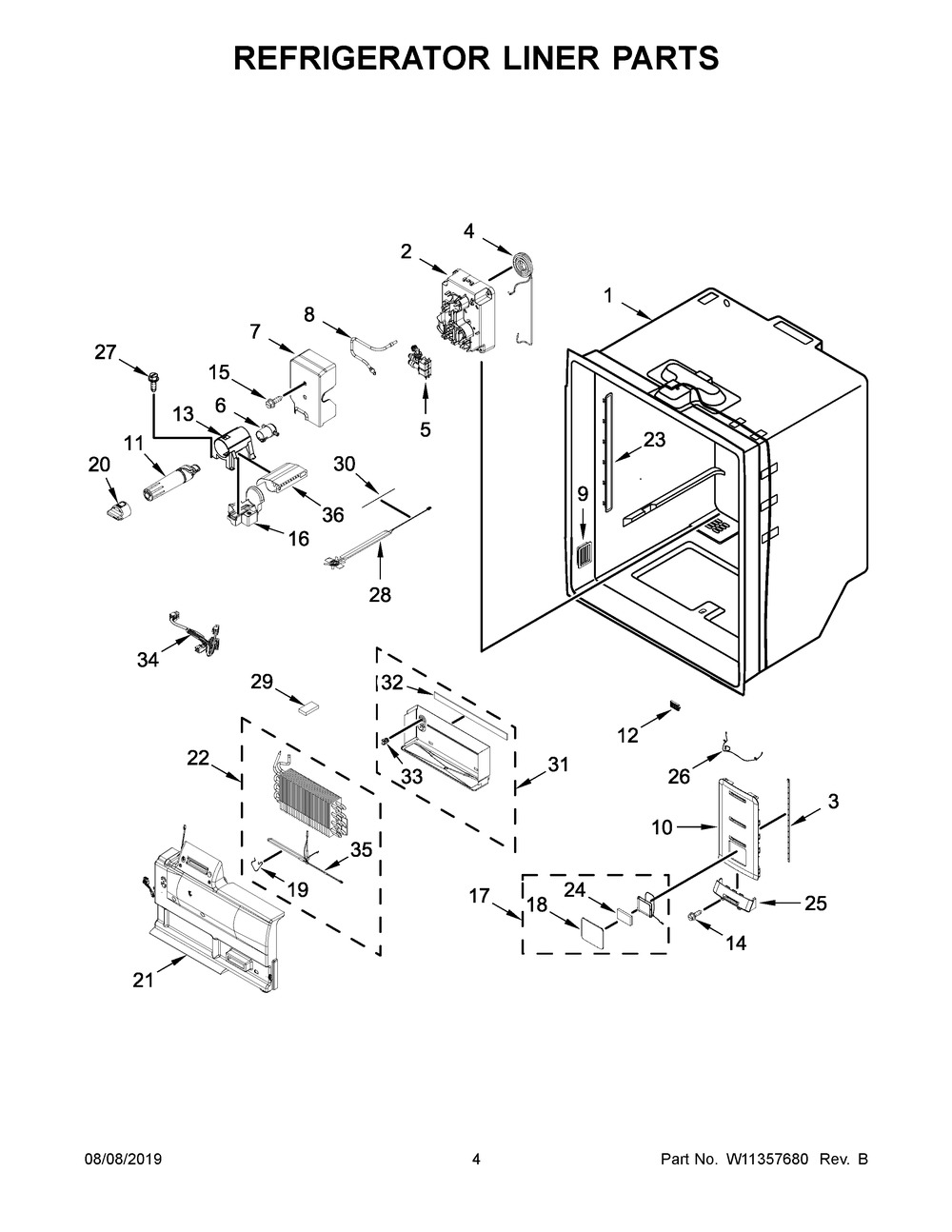 Refrigerator Liner Parts Diagram and Parts List for KRFC704FPS03  Whirlpool Refrigerator