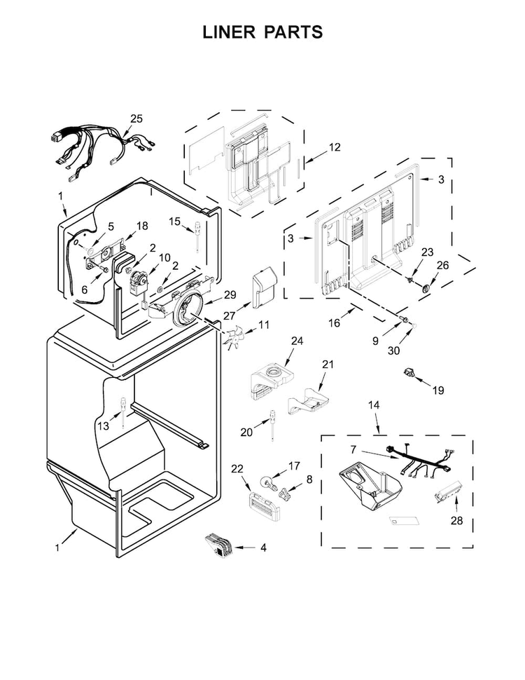 Liner Parts Diagram and Parts List for WRT318FZDW01  Whirlpool Refrigerator