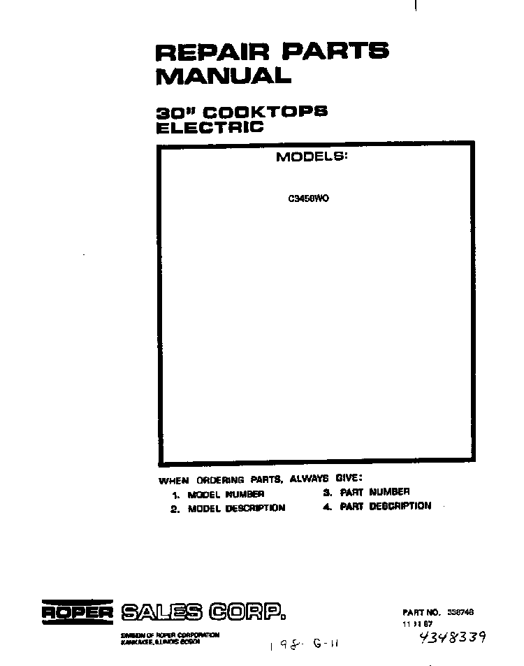 Cover Page Diagram and Parts List for C3458*0  Roper Range