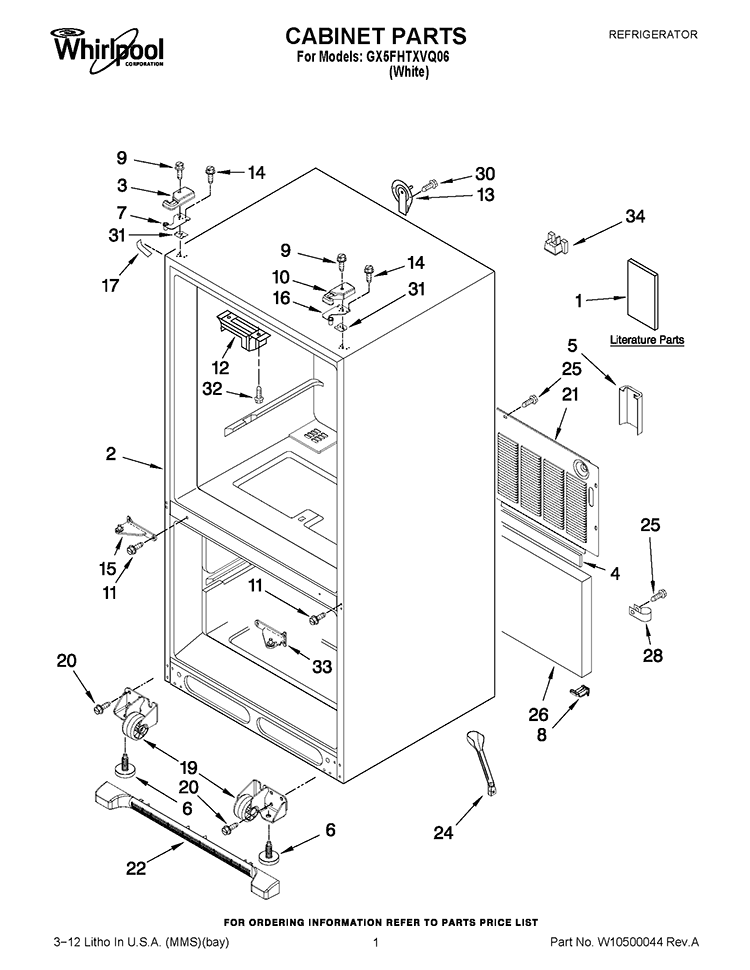 CABINET PARTS Diagram and Parts List for GX5FHTXVQ06  Whirlpool Refrigerator