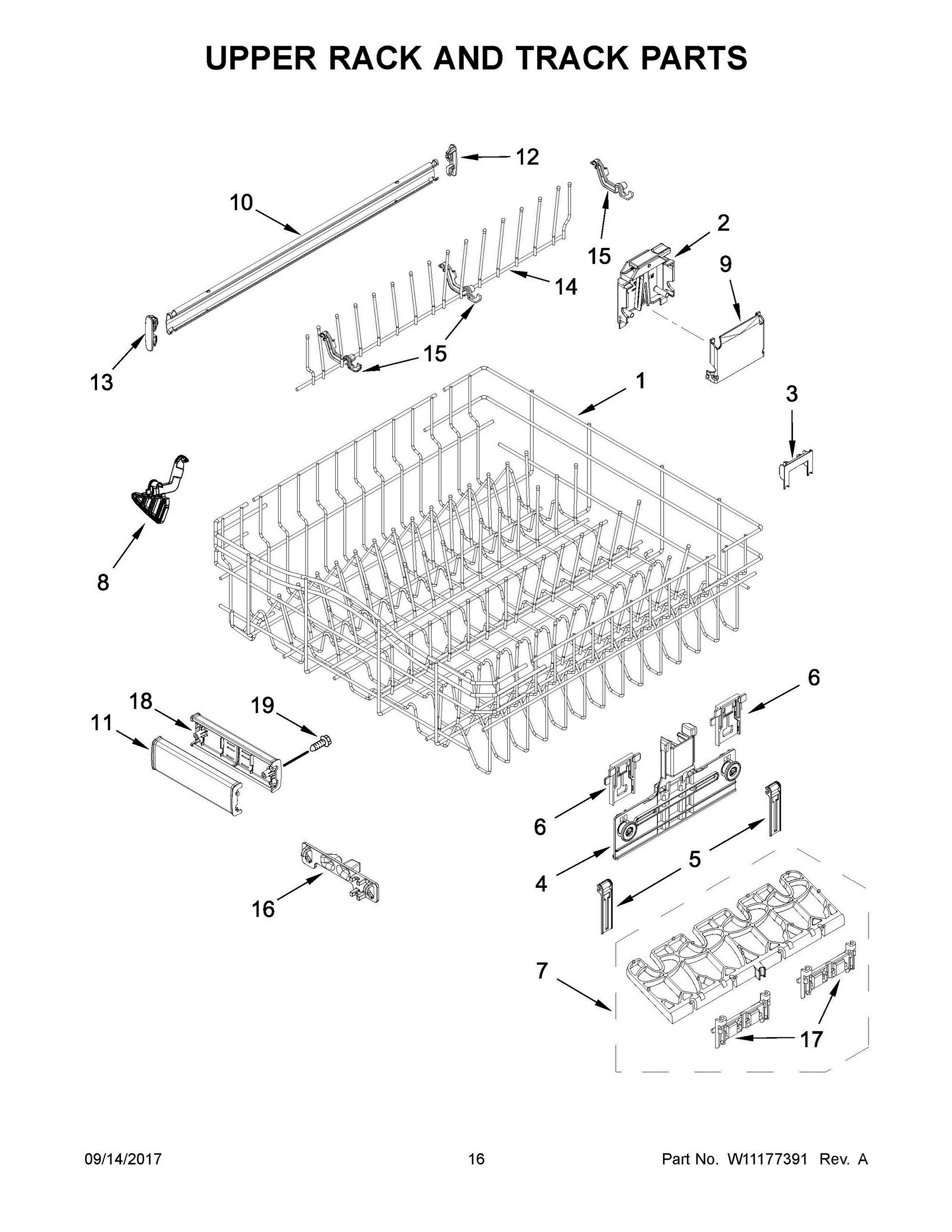 09 - UPPER RACK AND TRACK PARTS Diagram and Parts List for KDFE454CSS5  Whirlpool Dishwasher