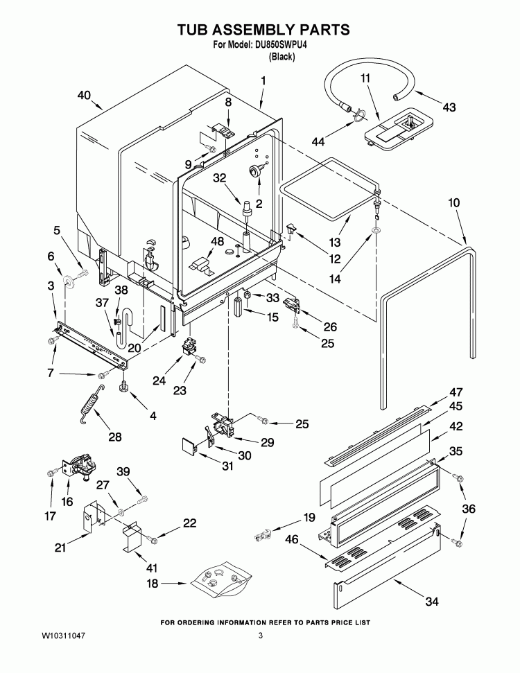 TUB ASSEMBLY PARTS Diagram and Parts List for DU850SWPU4  Whirlpool Dishwasher