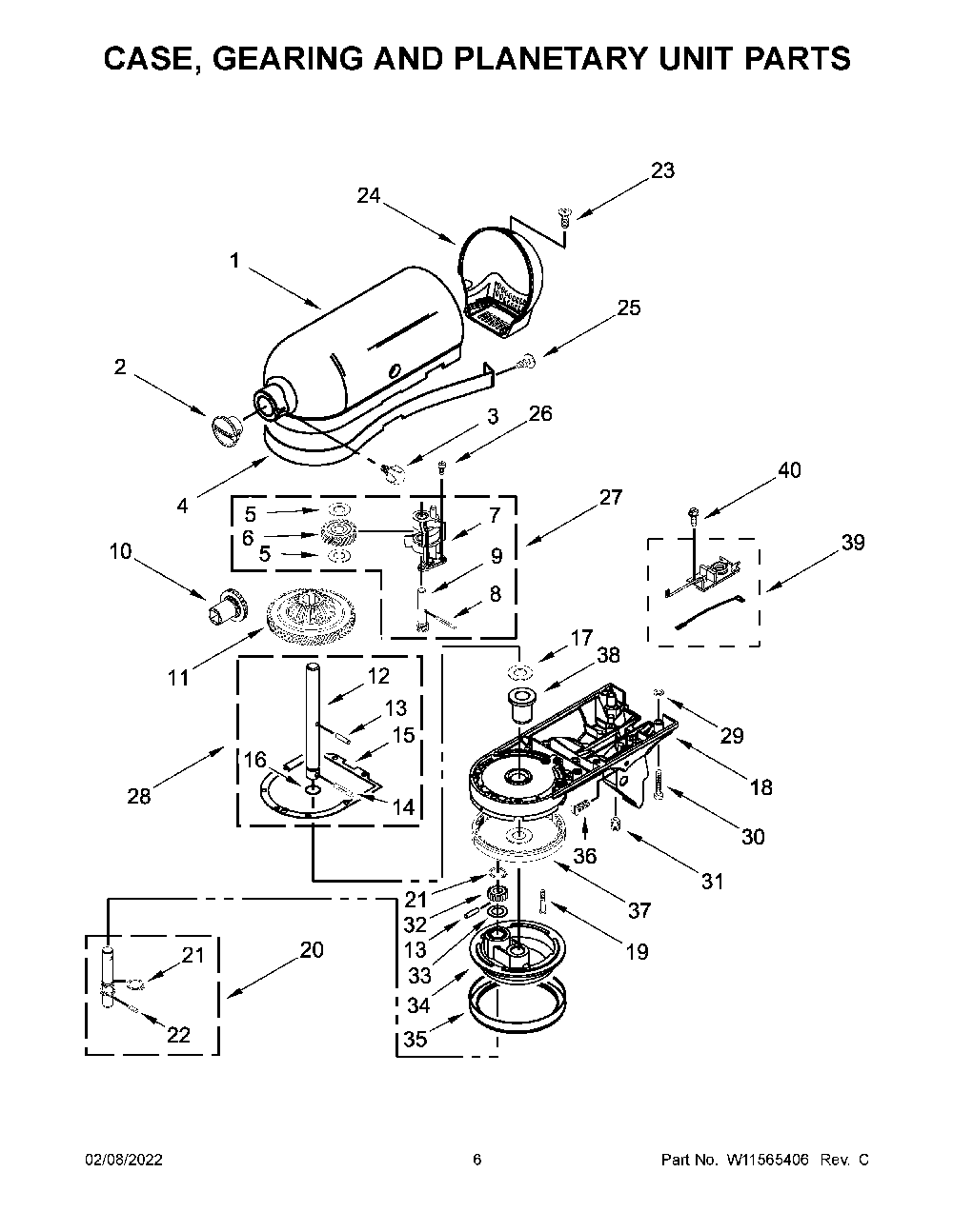 Case, Gearing And Planetary Unit Parts Diagram and Parts List for 5KSM195PSABE0  KitchenAid Mixer
