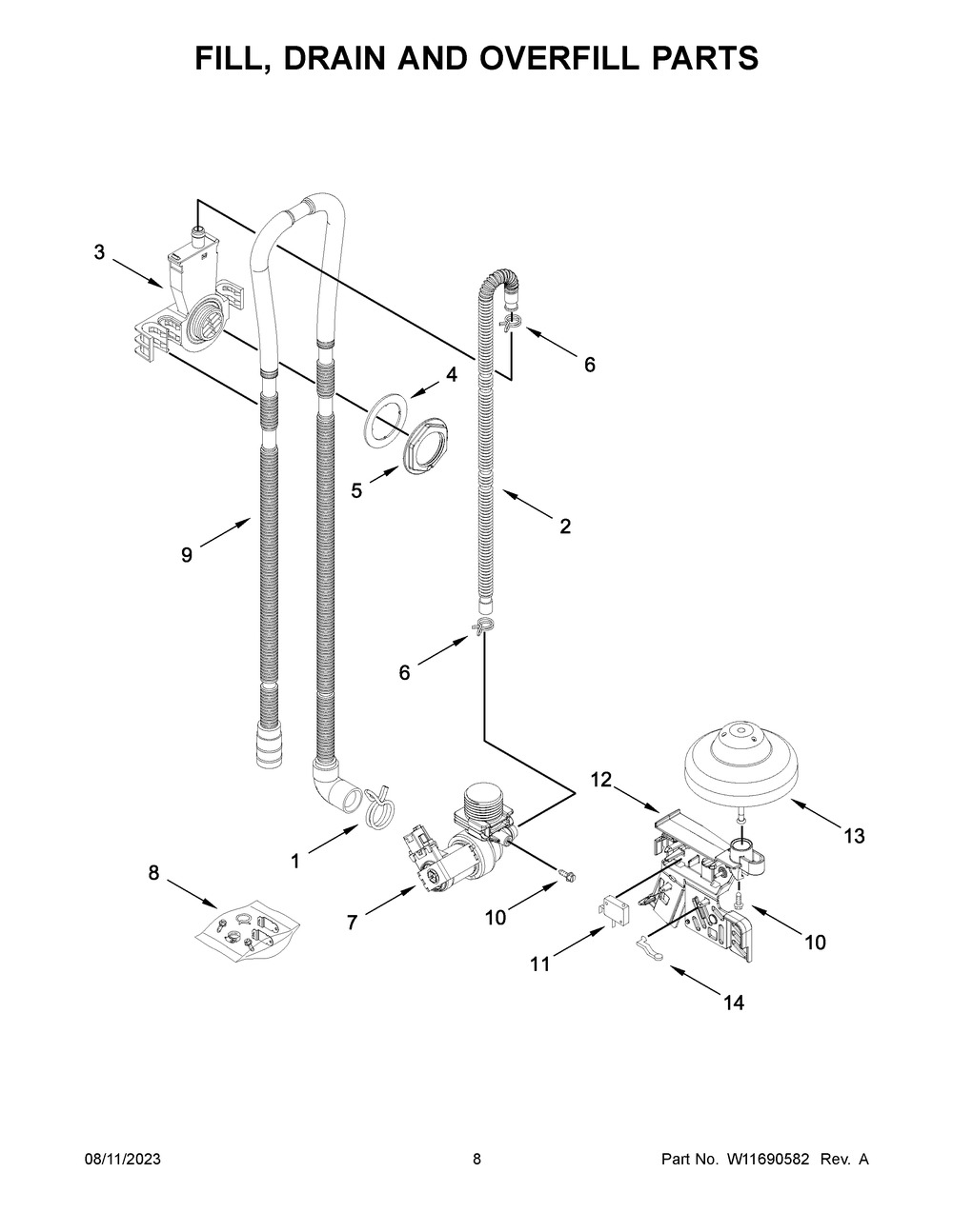 Fill, Drain And Overfill Parts Diagram and Parts List for WDP730HAMZ1  Whirlpool Dishwasher