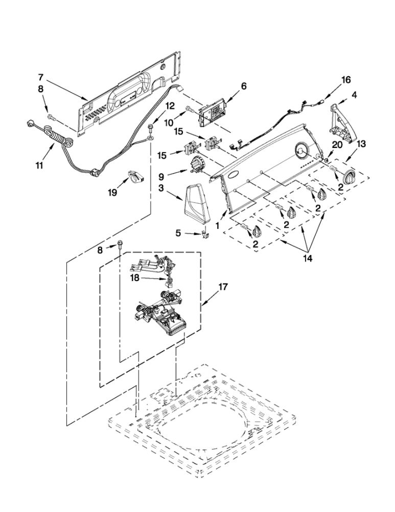 Controls And Water Inlet Parts Diagram and Parts List for 11021102013  Kenmore Washer
