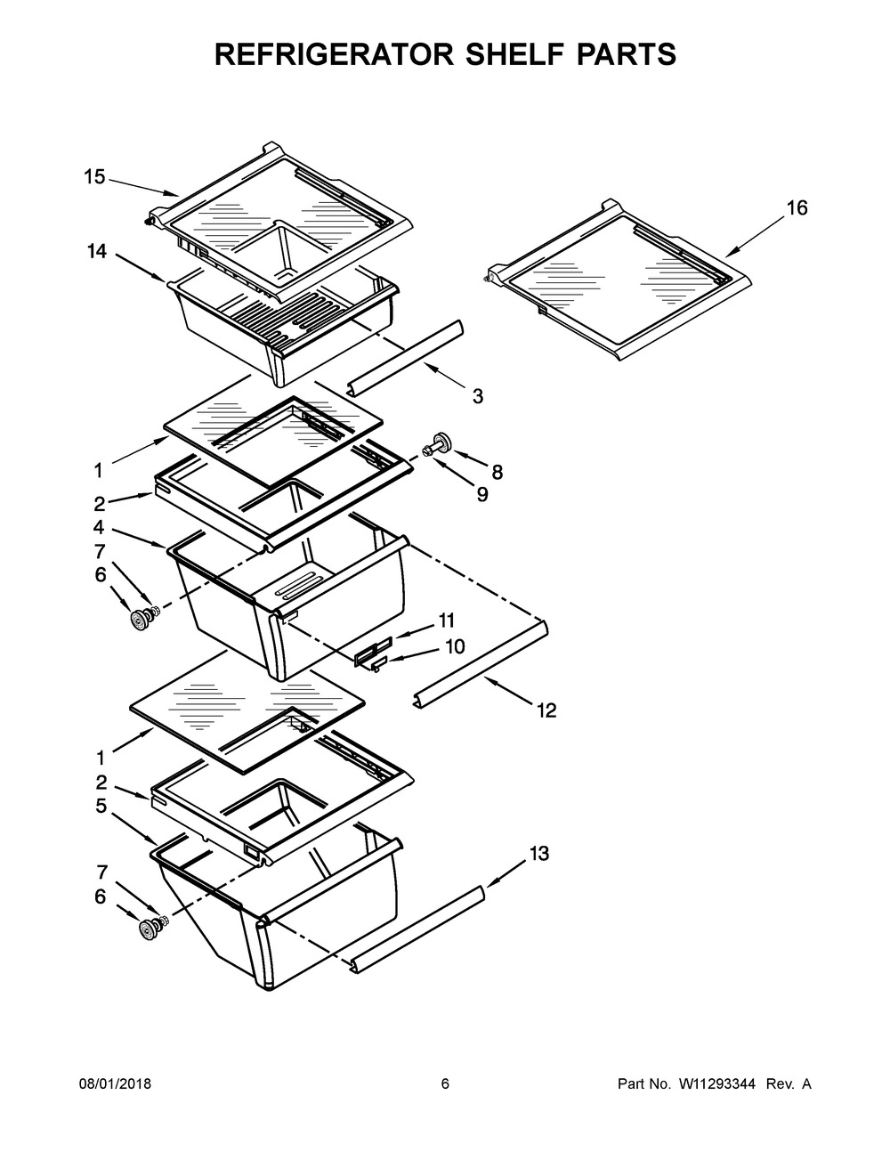 Refrigerator Shelf Parts Diagram and Parts List for 5WRS25FDFG00  Whirlpool Refrigerator