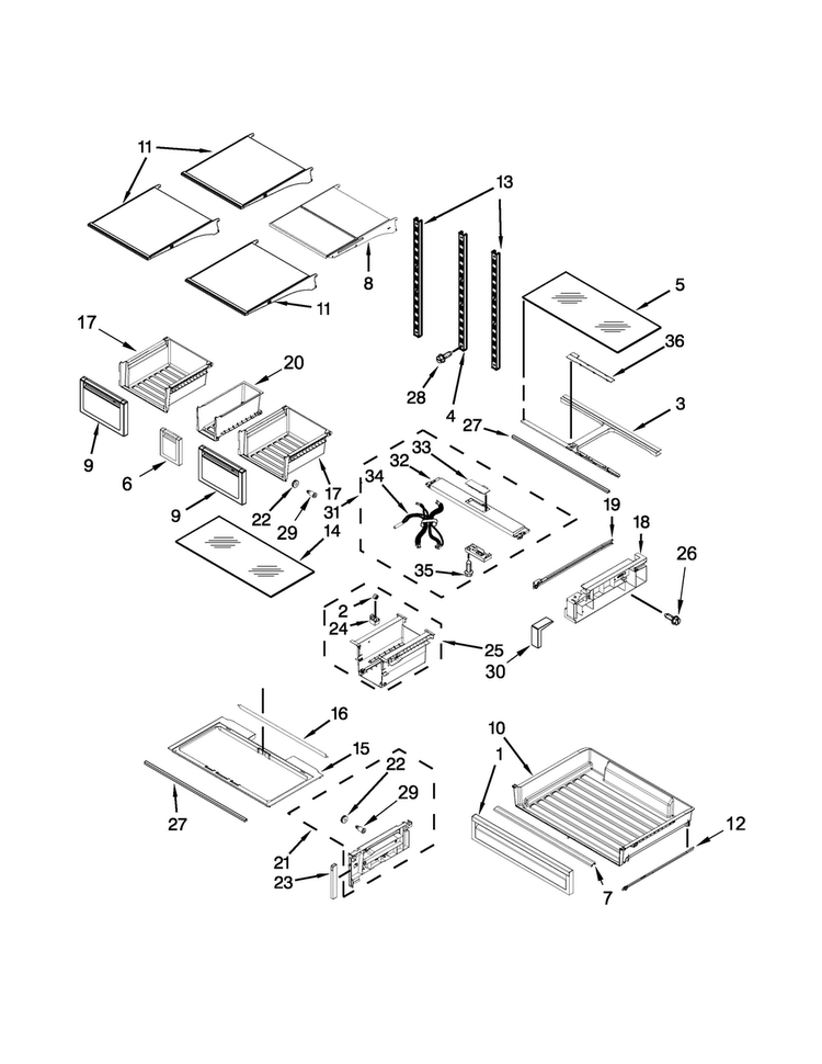Shelf Parts Diagram and Parts List for WRF767SDEM00  Whirlpool Refrigerator
