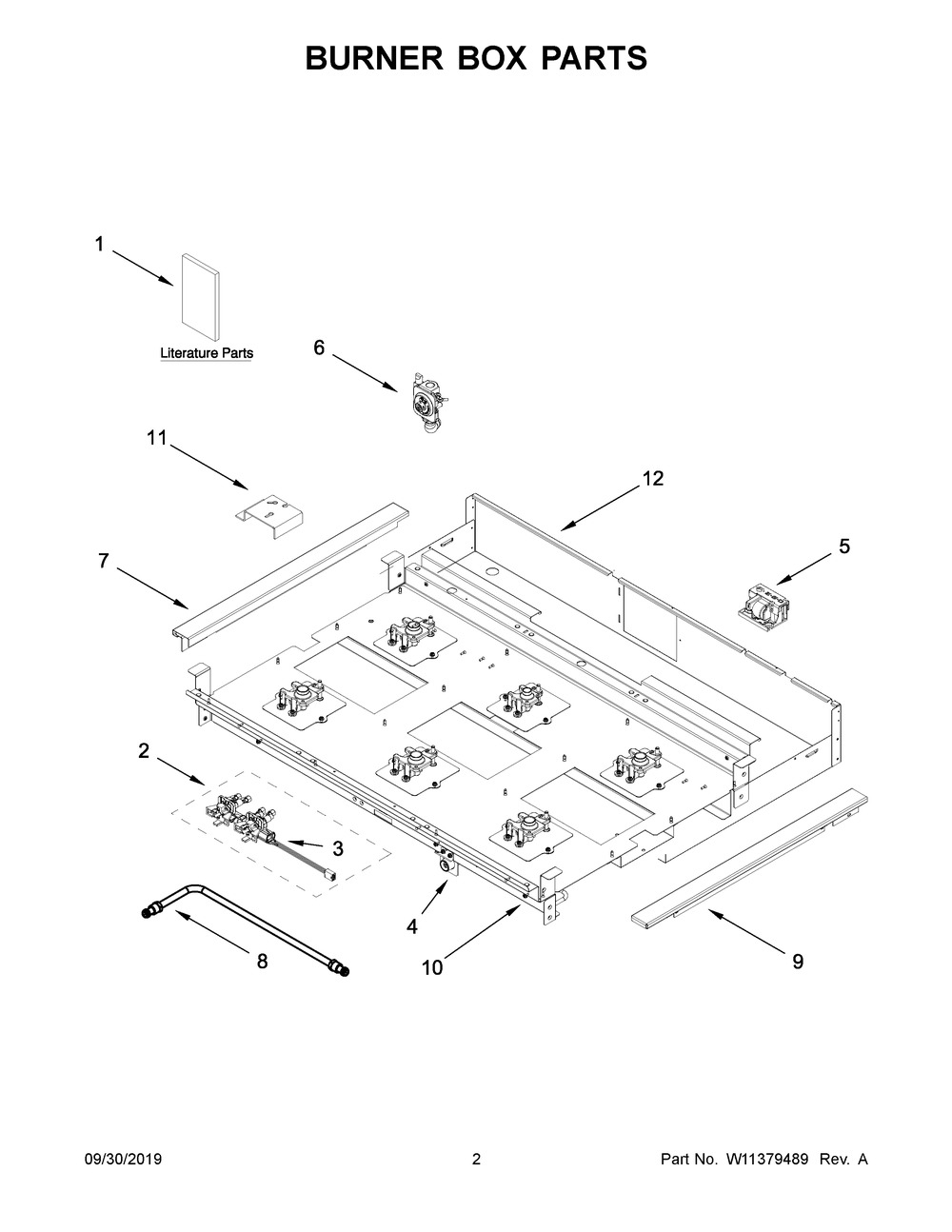 Burner Box Parts Diagram and Parts List for KCGC506JSS00  Whirlpool Cooktop