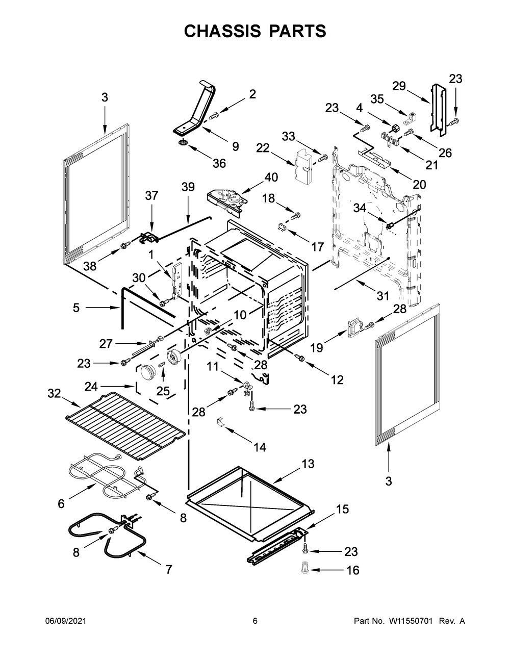 Chassis Parts Diagram and Parts List for WFE515S0JW1  Whirlpool Range