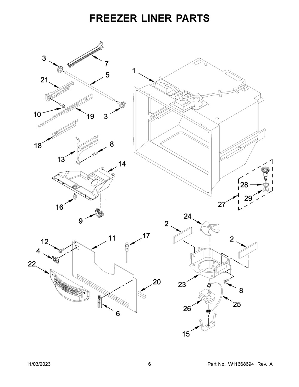 Freezer Liner Parts Diagram and Parts List for WRB329DFBW05  Whirlpool Refrigerator