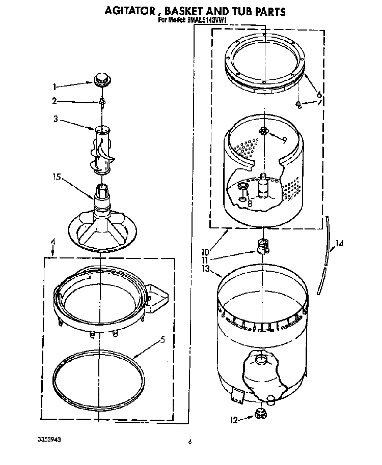 Agitator, Basket And Tub Diagram and Parts List for 6MAL5143VW1  Whirlpool Washer