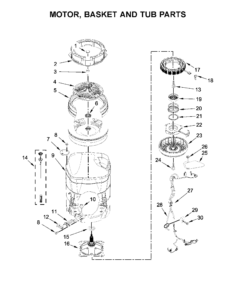 Motor, basket and tub parts Diagram and Parts List for 11027132412  Kenmore Washer