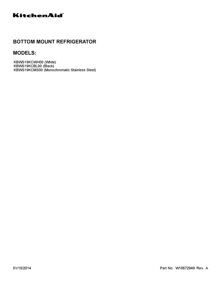 Cover Sheet Diagram and Parts List for KBWS19KCWH00  KitchenAid Refrigerator