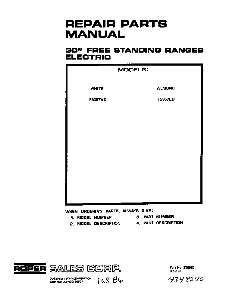 Front Cover Diagram and Parts List for F5357*0  Roper Range