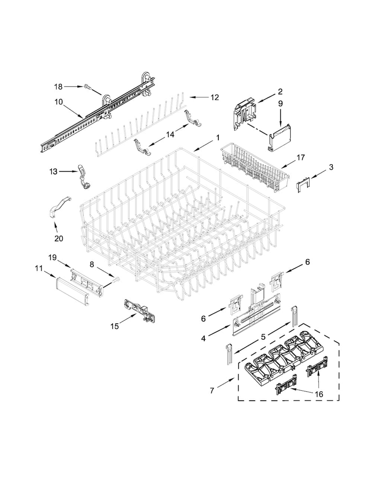 Upper Rack And Track Parts Diagram and Parts List for KDTM404EWH0  KitchenAid Dishwasher