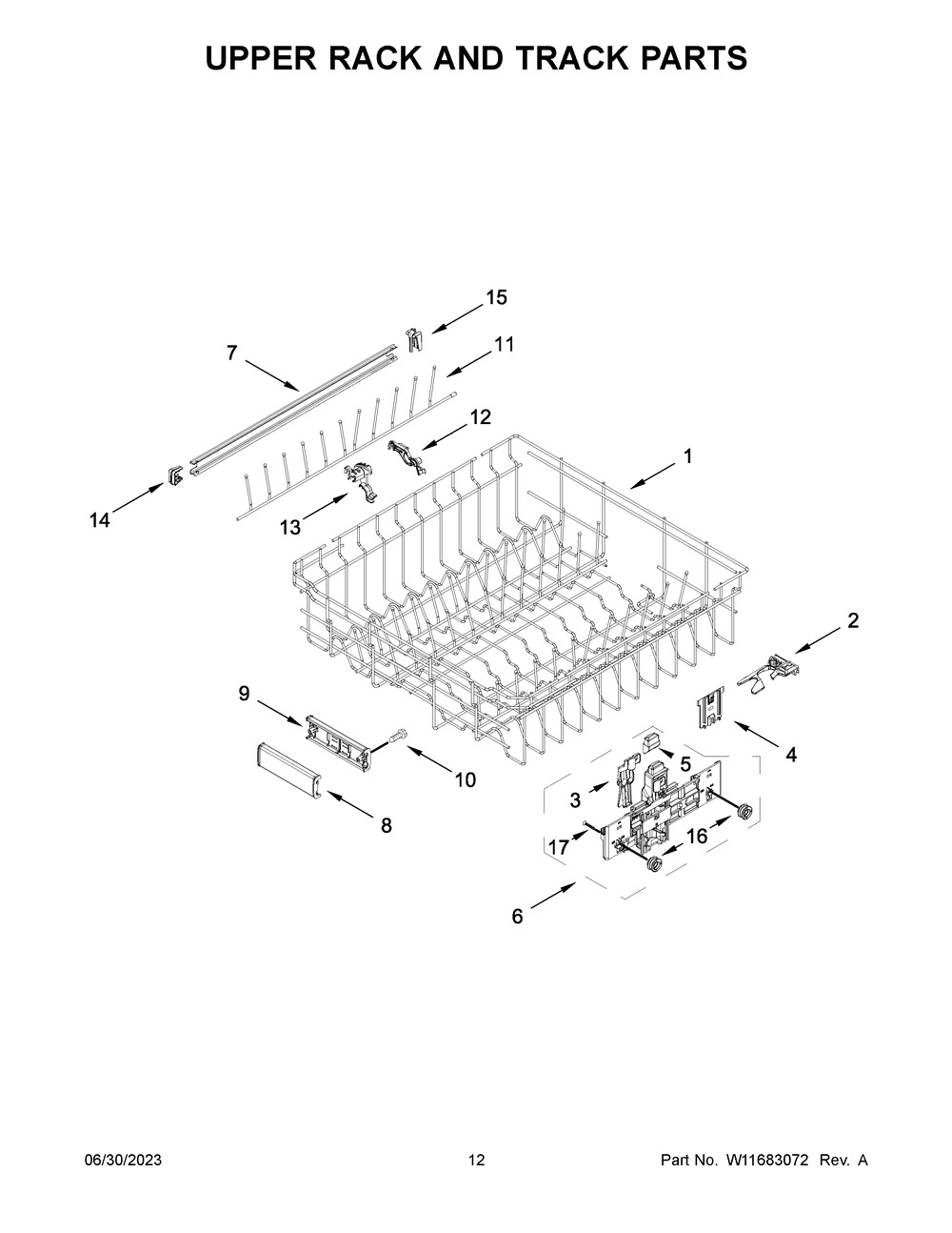 Upper Rack And Track Parts Diagram and Parts List for KDTM604KBS2  KitchenAid Dishwasher
