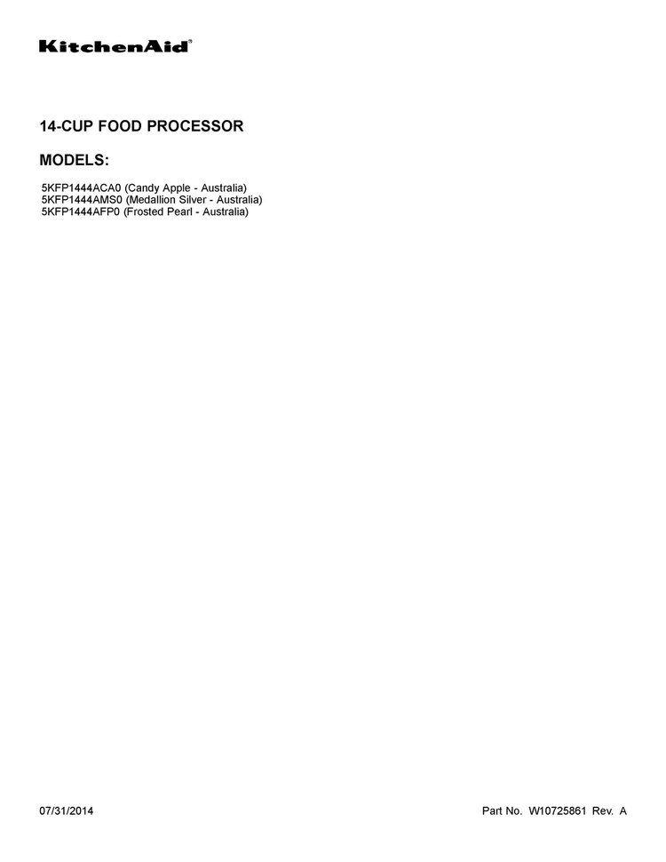 Cover Sheet Diagram and Parts List for 5KFP1444AFP0  KitchenAid Food Processor