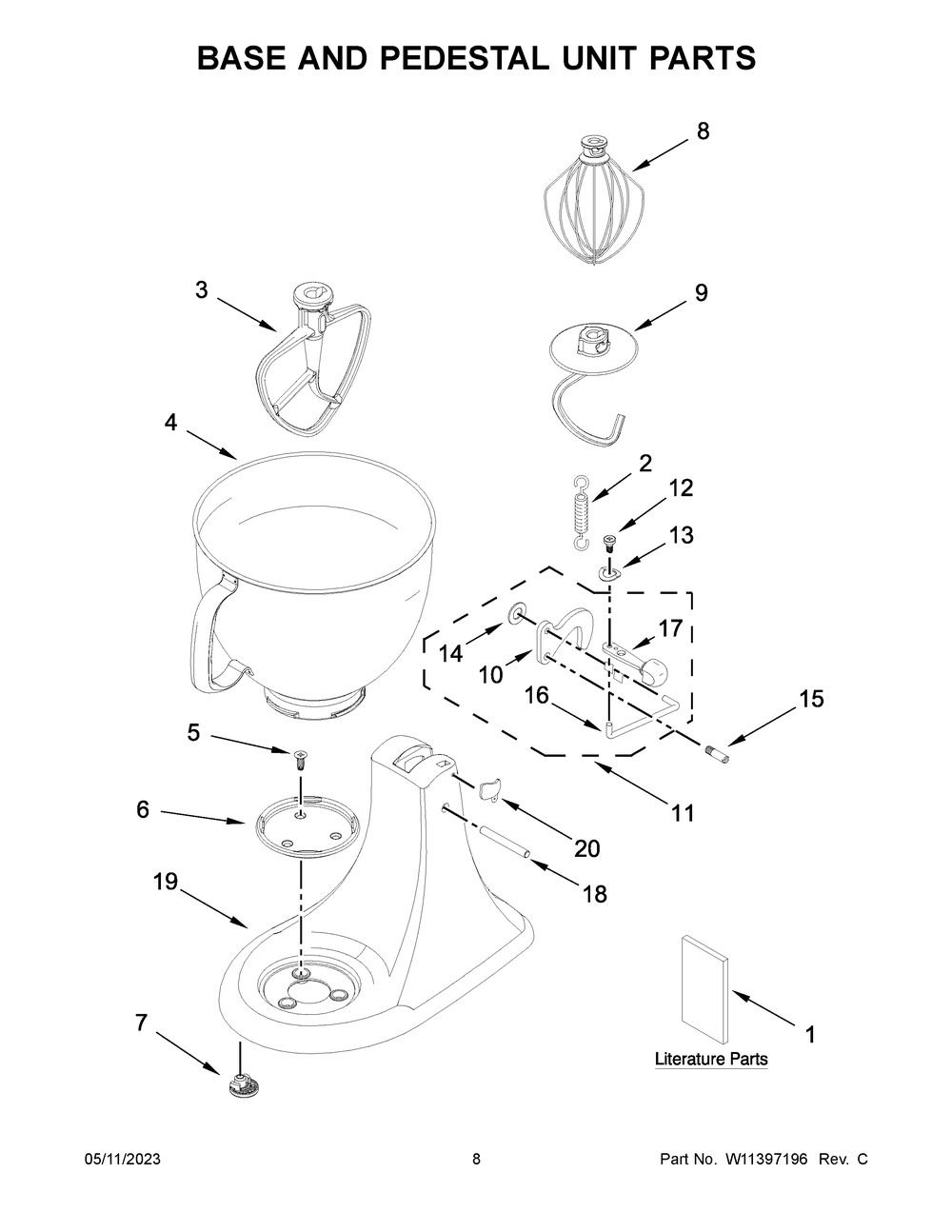 Base And Pedestal Unit Parts Diagram and Parts List for 5KSM125EIB4  KitchenAid Mixer