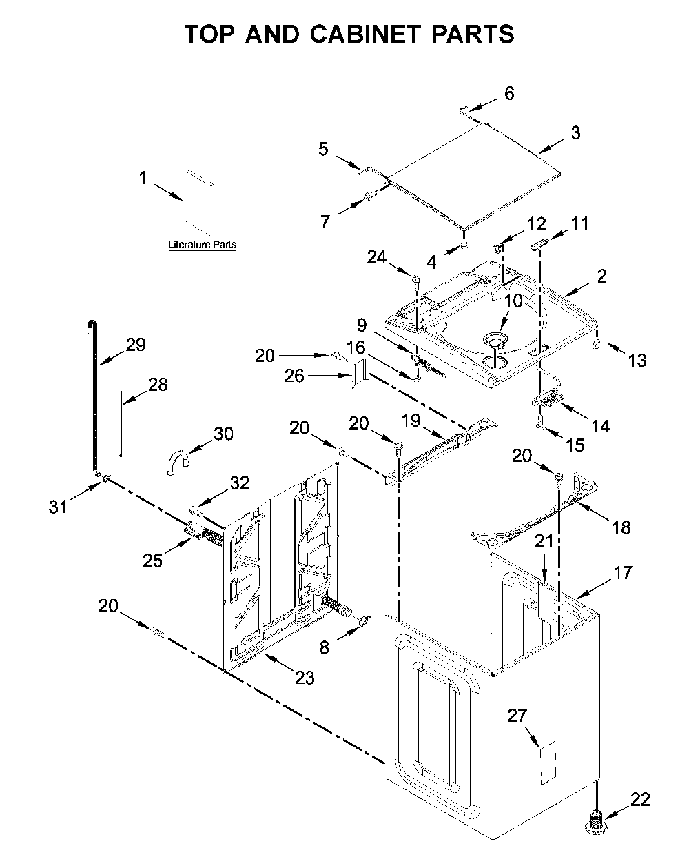 Top and cabinet parts Diagram and Parts List for 11028133414  Kenmore Washer
