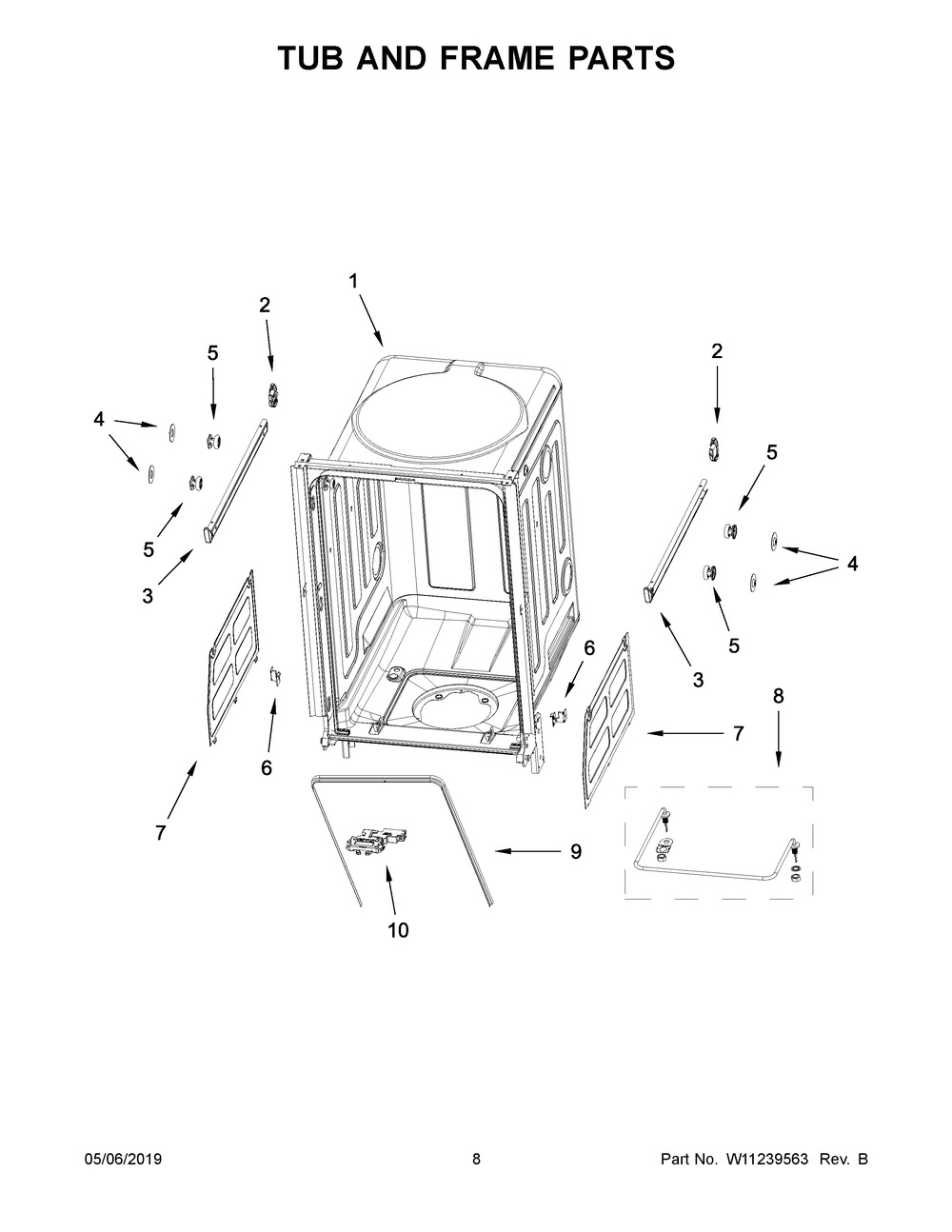 Tub And Frame Parts Diagram and Parts List for WDF550SAHS0  Whirlpool Dishwasher
