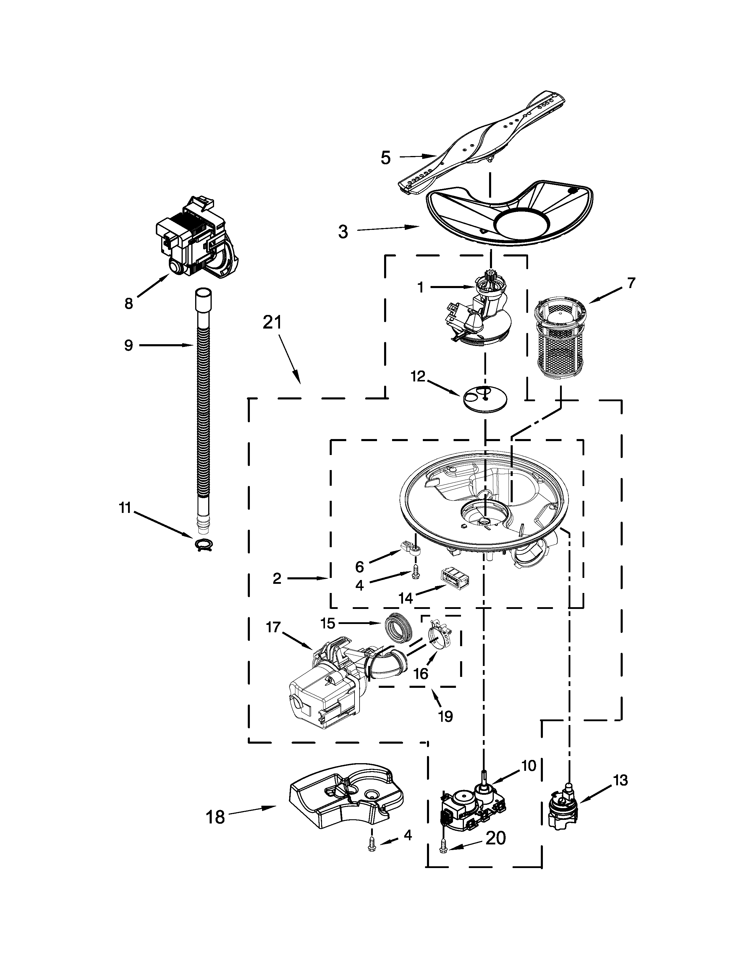 Pump, Washarm And Motor Parts Diagram and Parts List for 66513693N411  Kenmore Dishwasher