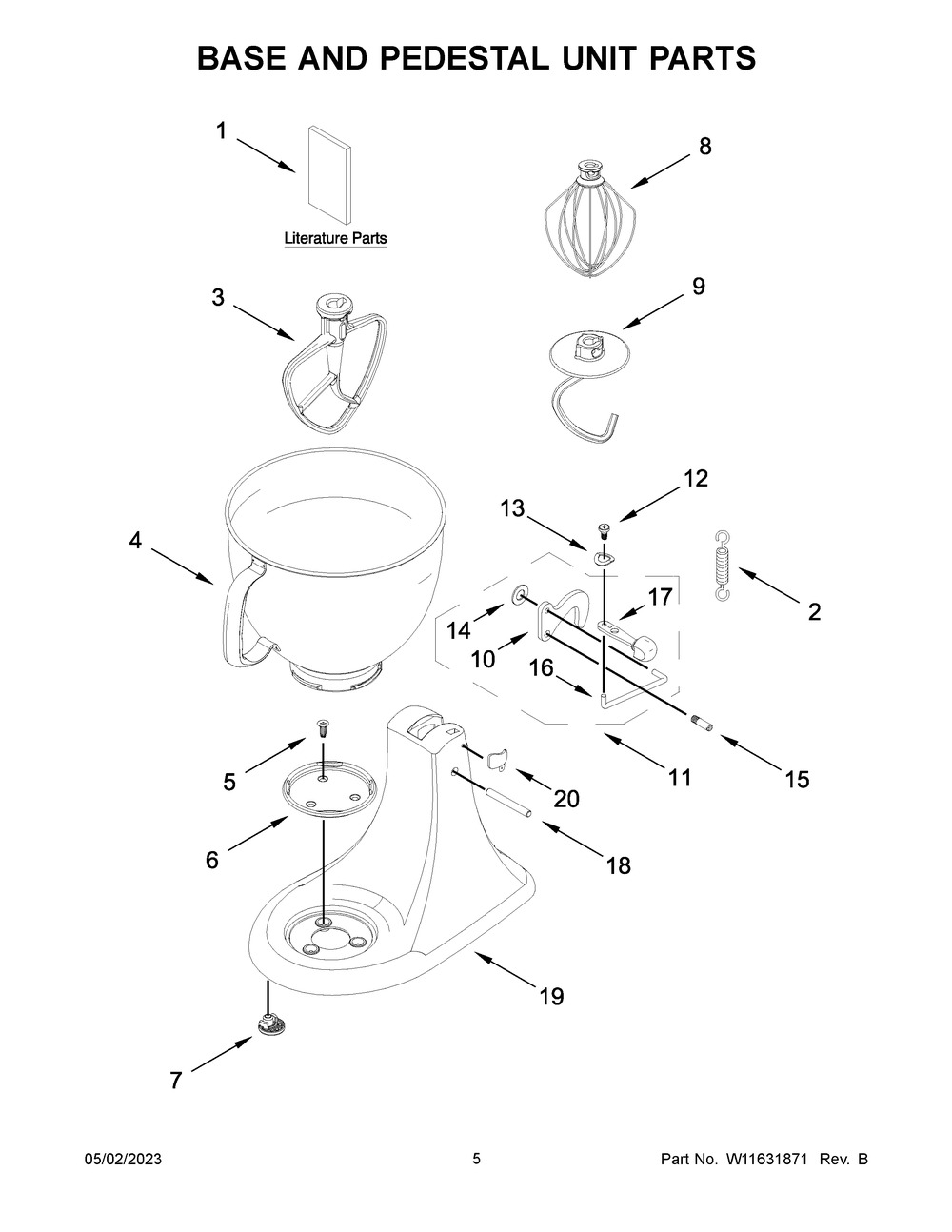 Base And Pedestal Unit Parts Diagram and Parts List for 5KSM193ADBWH0  KitchenAid Mixer
