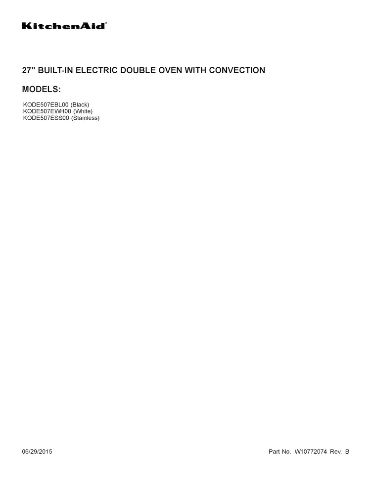 Cover Sheet Diagram and Parts List for KODE507ESS00  KitchenAid Wall Oven