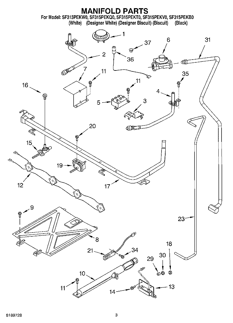 MANIFOLD Diagram and Parts List for SF315PEKW0  Whirlpool Range