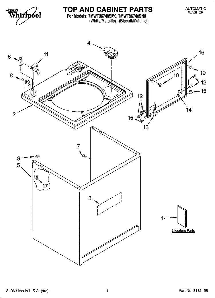 TOP AND CABINET PARTS Diagram and Parts List for 7MWT96740SN0  Whirlpool Washer