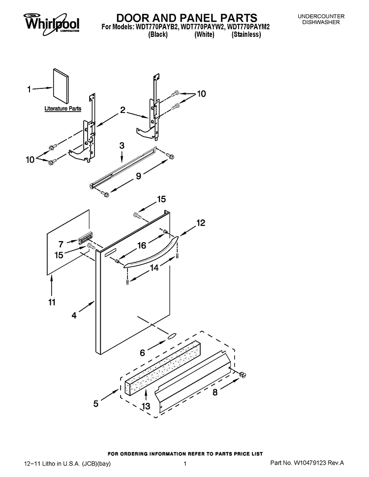 DOOR AND PANEL PARTS Diagram and Parts List for WDT770PAYW2  Whirlpool Dishwasher