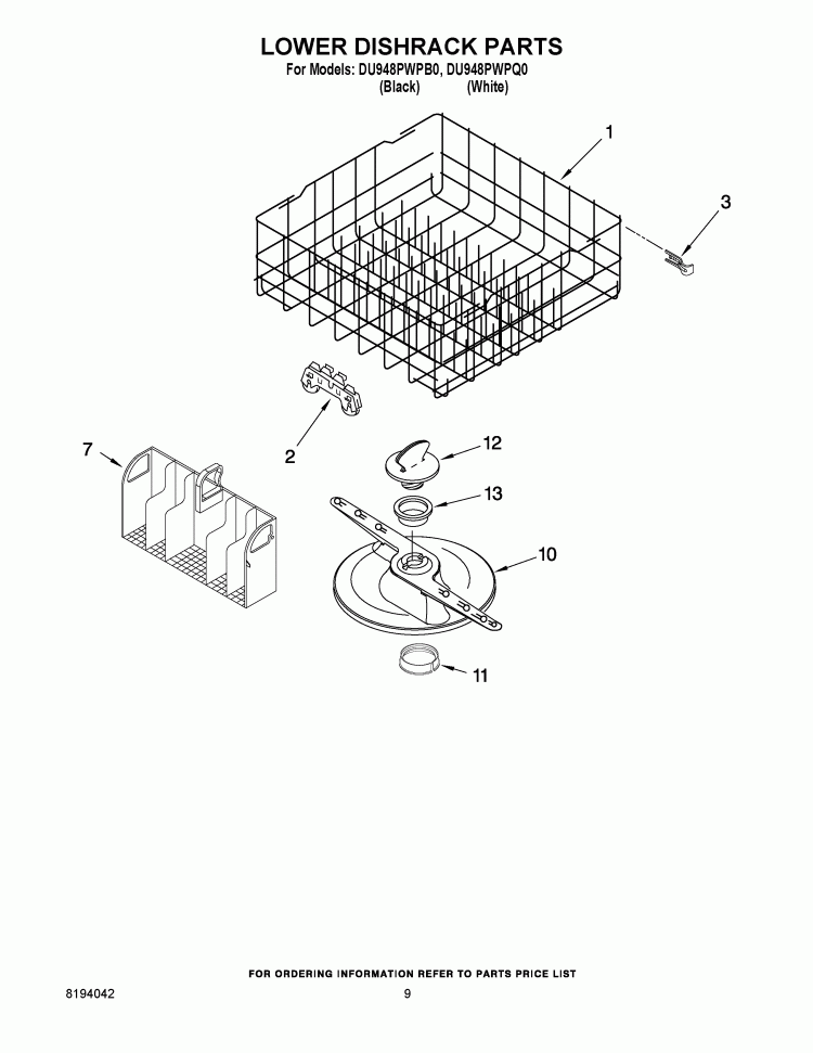 LOWER DISHRACK PARTS Diagram and Parts List for DU948PWPQ0  Whirlpool Dishwasher