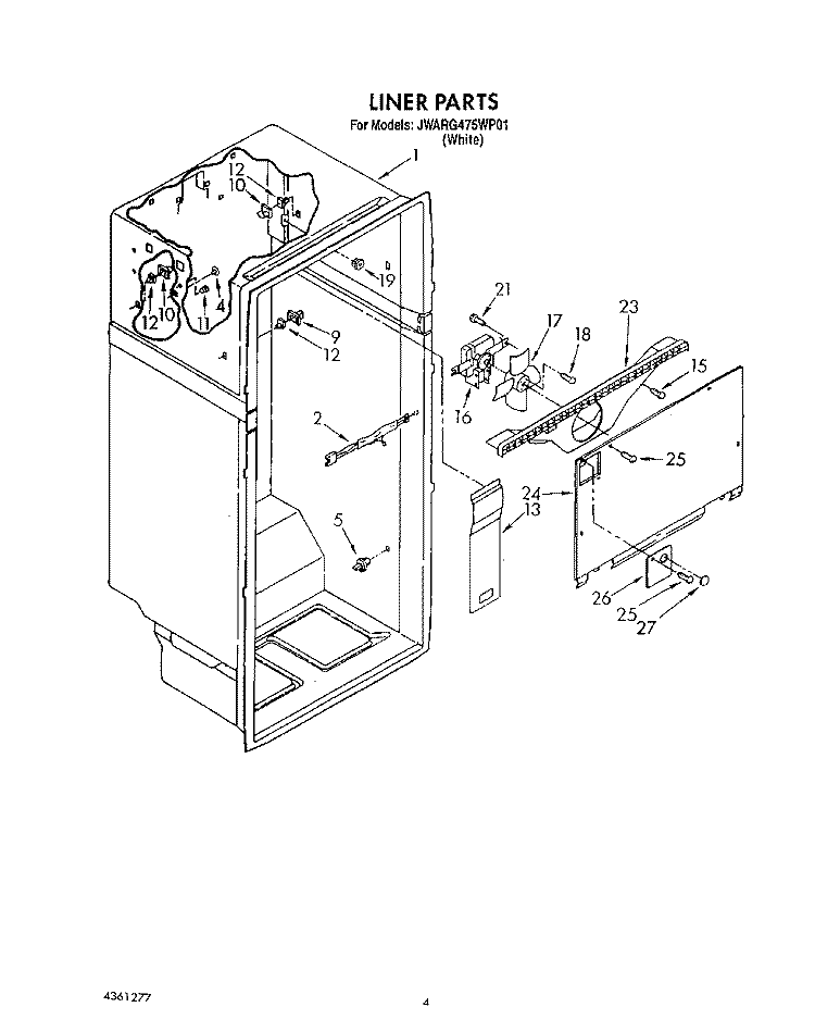 LINER Diagram and Parts List for JWARG475WP01  Whirlpool Refrigerator