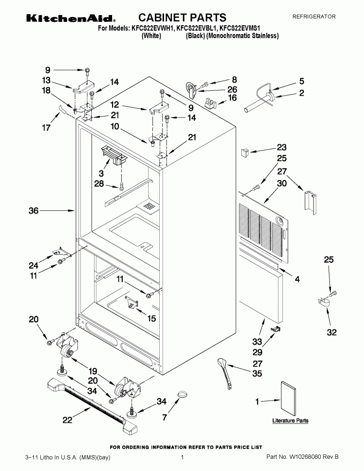 CABINET PARTS Diagram and Parts List for KFCS22EVBL1  KitchenAid Refrigerator
