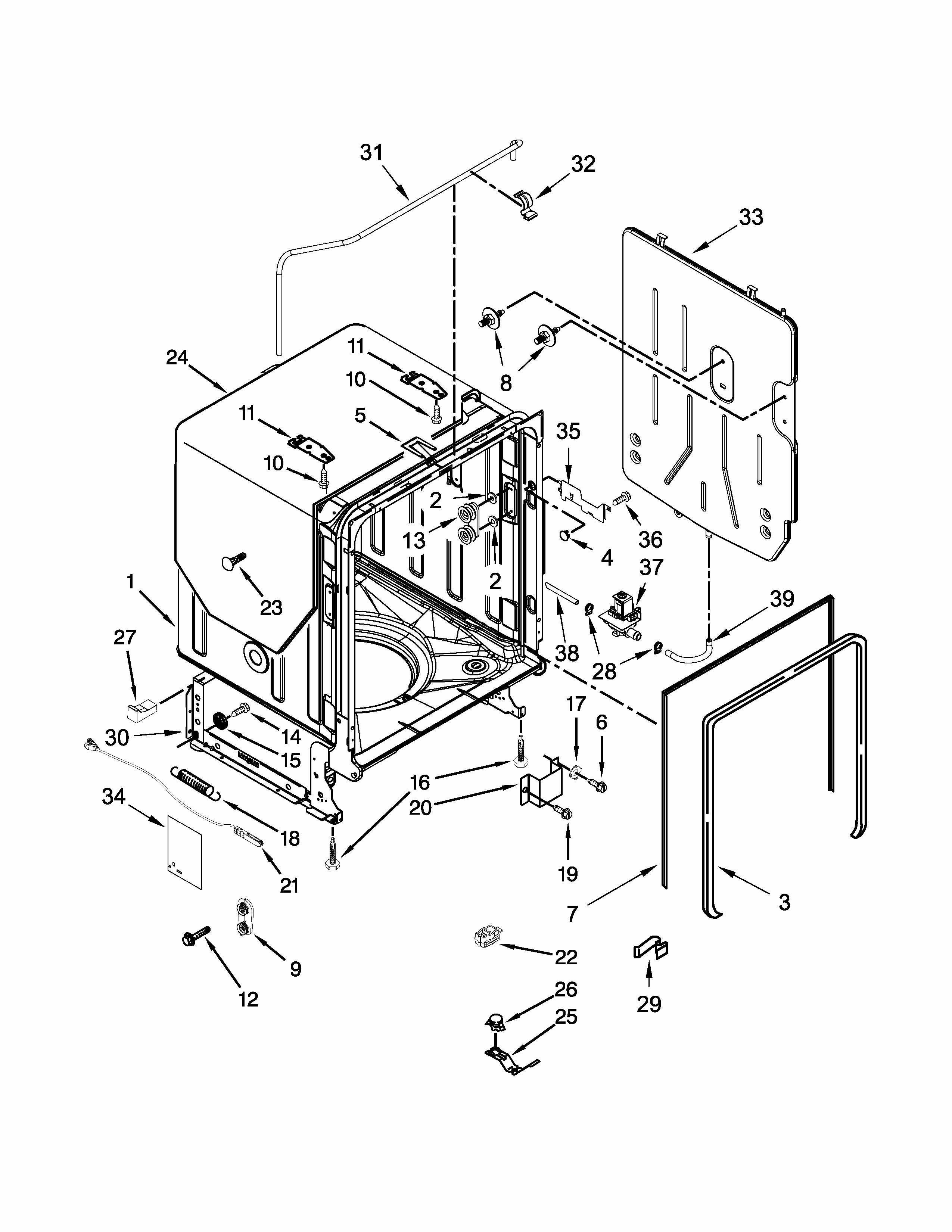 Tub, Tank And Frame Parts Diagram and Parts List for IUD8555DX0  Whirlpool Dishwasher