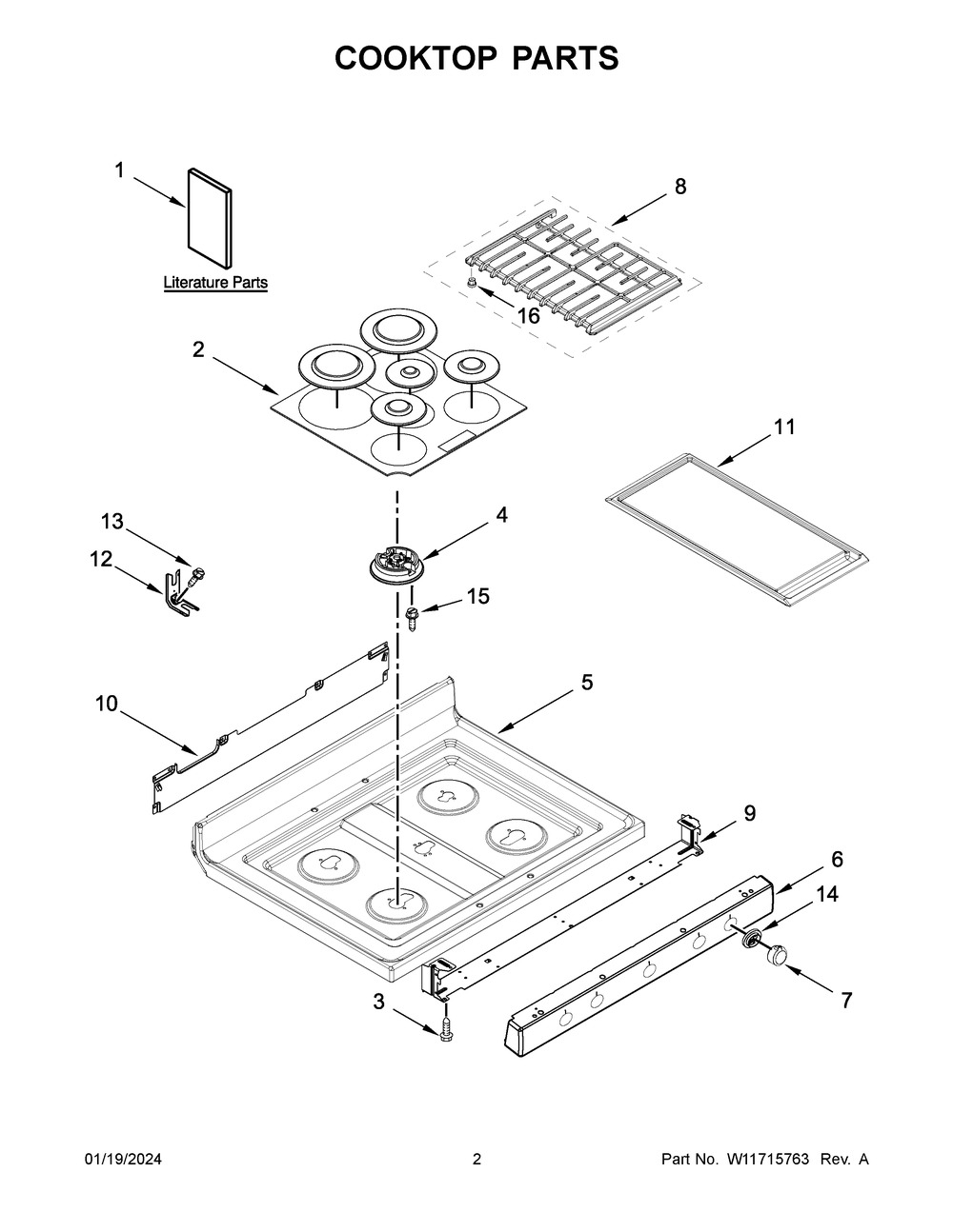 Cooktop Parts Diagram and Parts List for KFGG500EWH8  KitchenAid Range