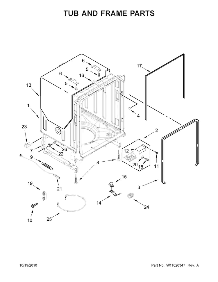 Tub And Frame Parts Diagram and Parts List for WDF770SAFZ1  Whirlpool Dishwasher