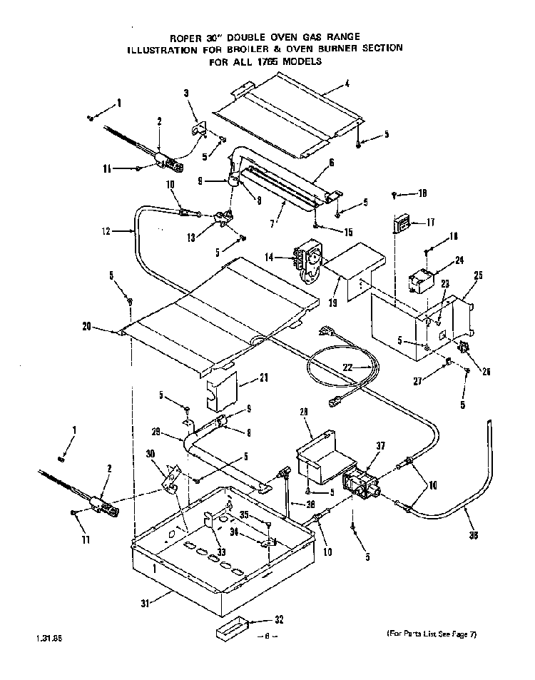 Broiler And Oven Burner Diagram and Parts List for 1765*0A  Roper Range