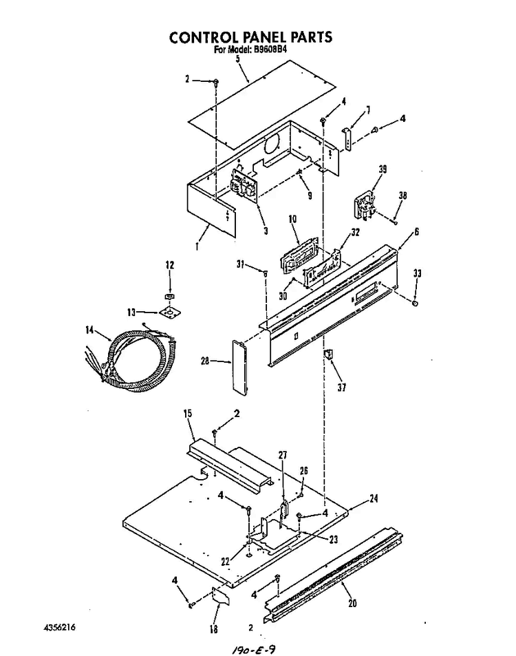 Control Panel Diagram and Parts List for B9608*4  Roper Range