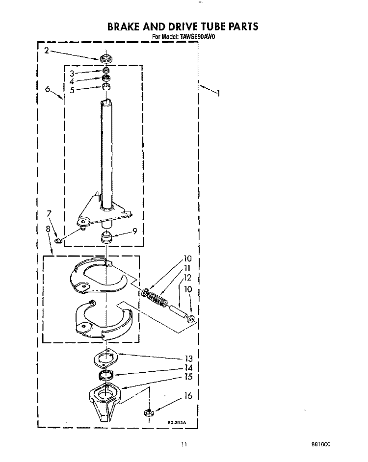 BRAKE AND DRIVE TUBE Diagram and Parts List for TAWS690AN0  Whirlpool Washer