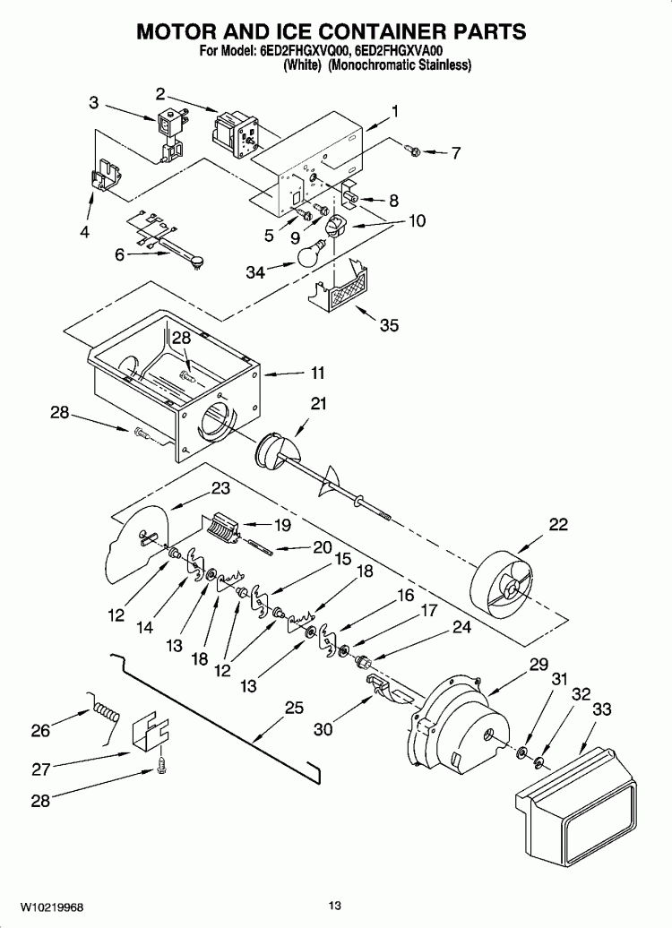 MOTOR AND ICE CONTAINER PARTS Diagram and Parts List for 6ED2FHGXVQ00  Whirlpool Refrigerator