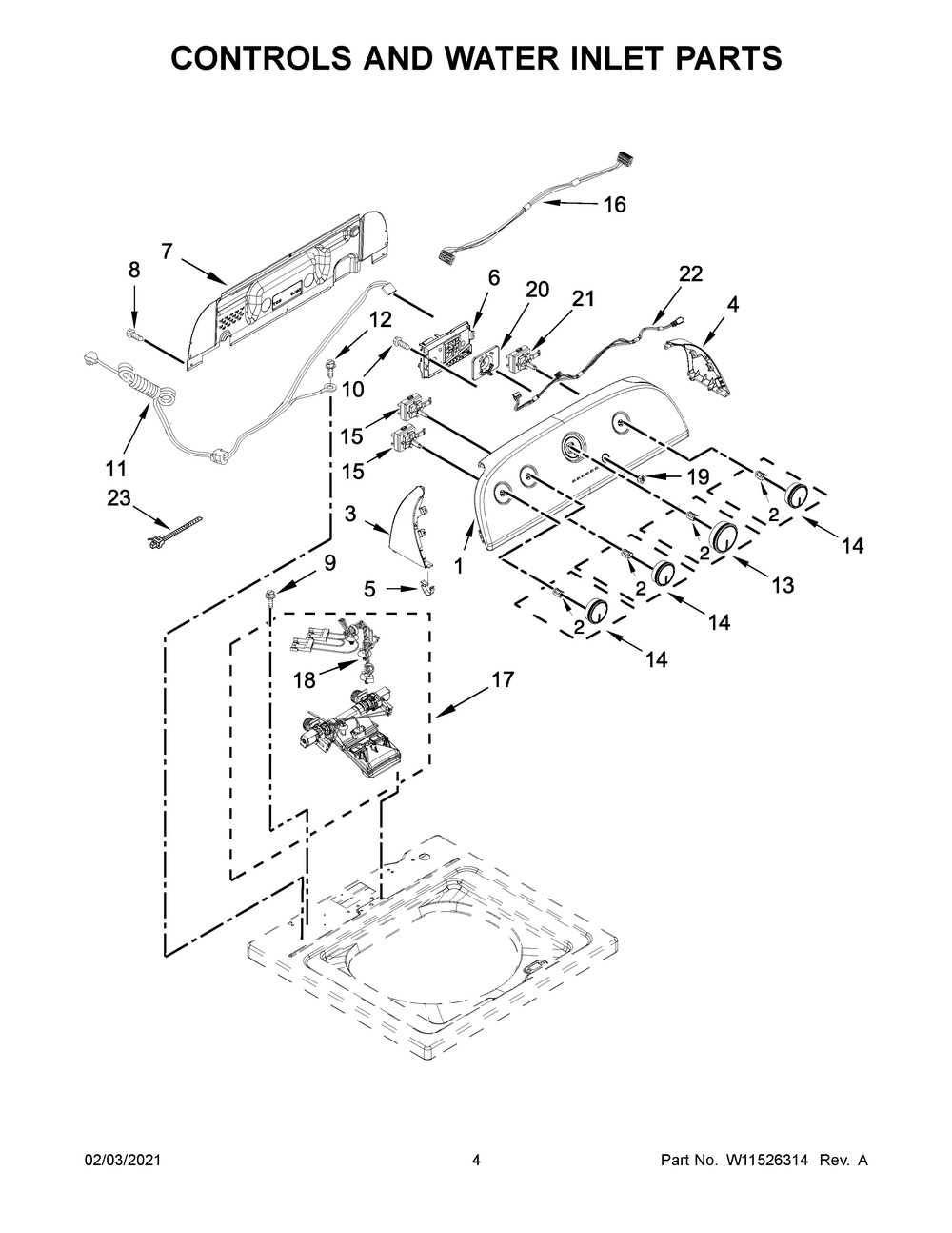 Controls And Water Inlet Parts Diagram and Parts List for 4GWTW1805LW0  Whirlpool Washer