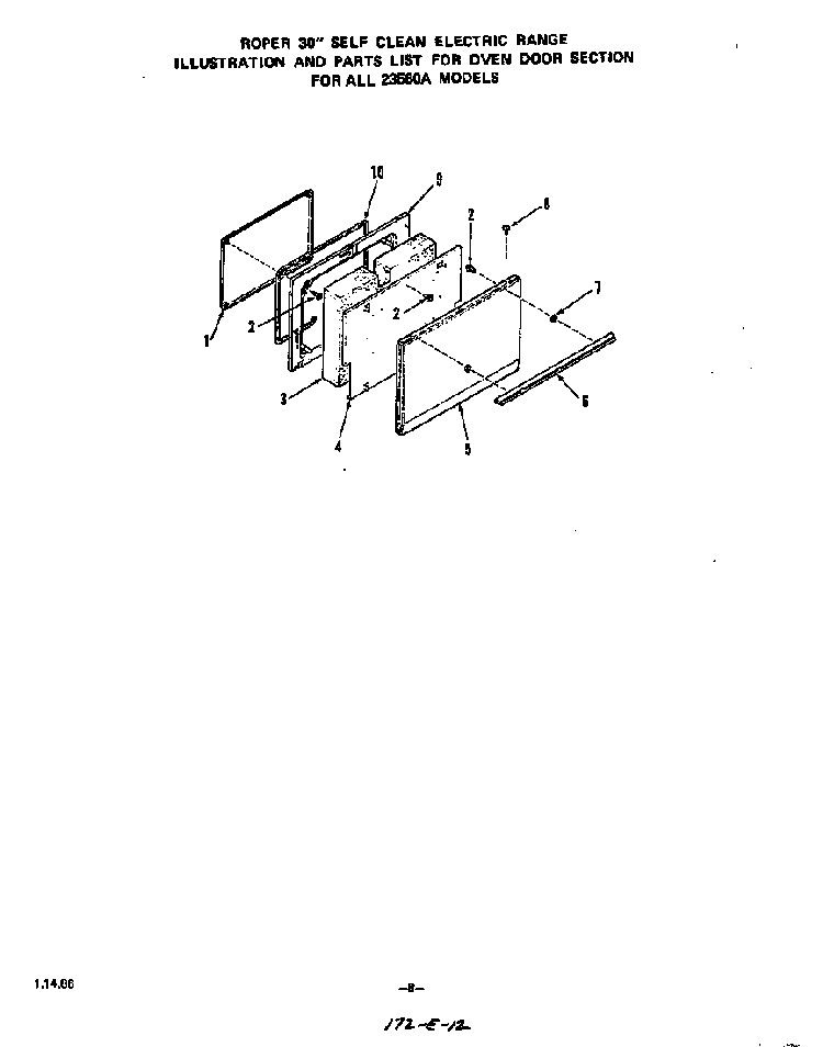 Oven Door Diagram and Parts List for 2366*0A  Roper Range