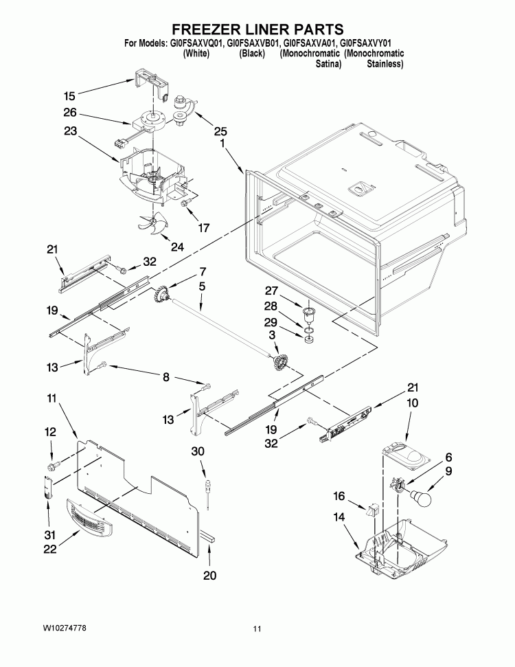 FREEZER LINER PARTS Diagram and Parts List for GI0FSAXVA01  Whirlpool Refrigerator