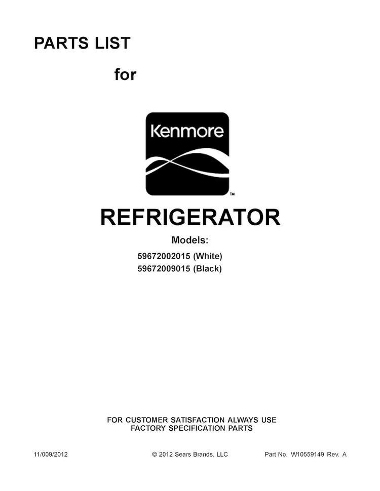 Cover Sheet Diagram and Parts List for 10672009015  Kenmore Refrigerator